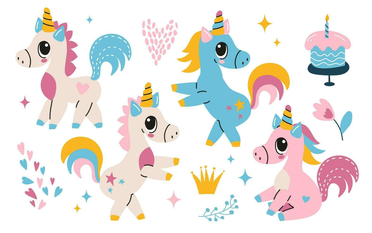 Set of unicorns. Cartoon flat vector illustrations isolated on white background. Collection cute of stickers for social networks.