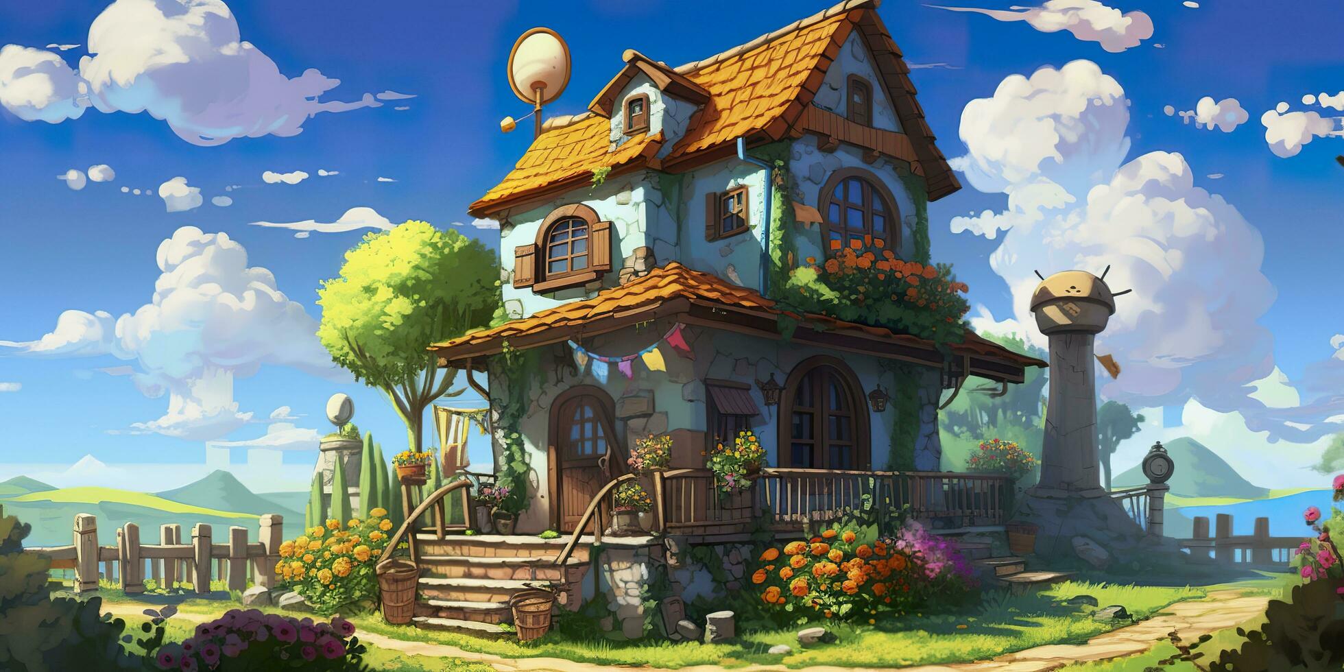 AI generated Cute Cartoon Fantasy Home on a Sunny Day. AI Generative photo