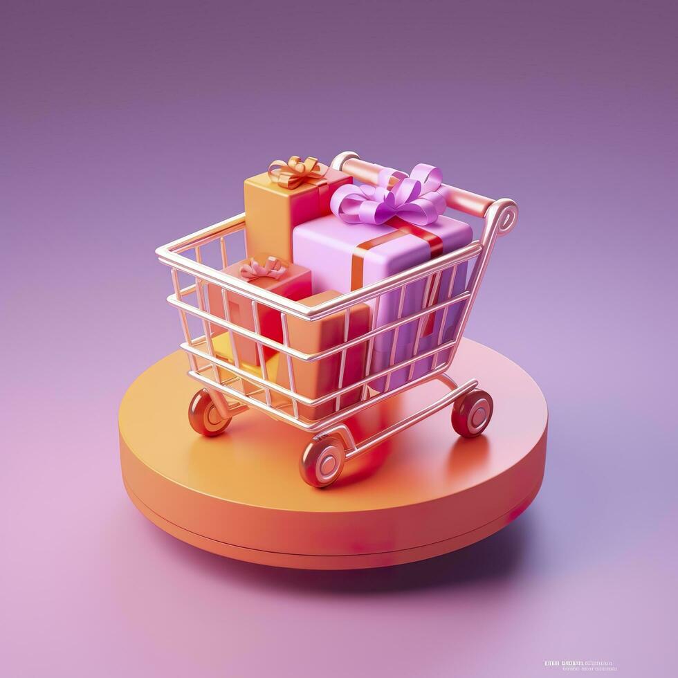 AI generated Light Orange and Pink Shopping Cart with Gift Box Icon. AI Generative photo