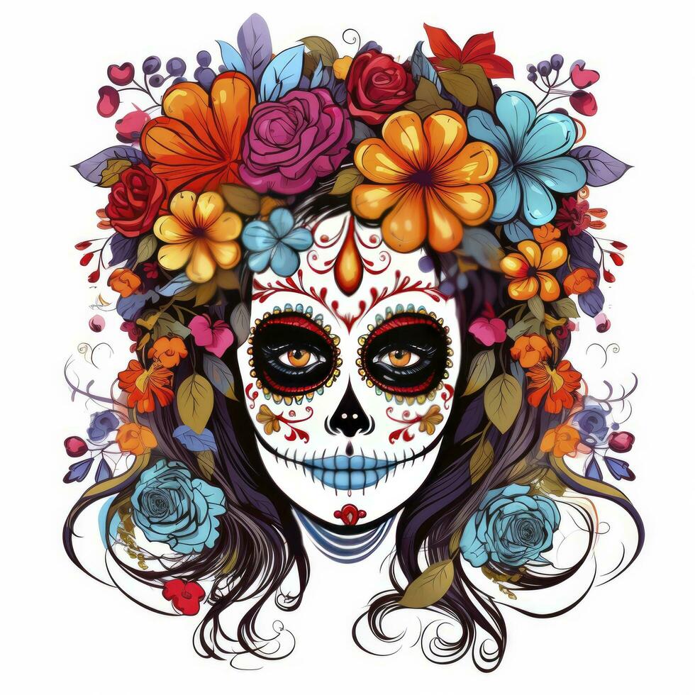 AI generated Woman sugar skull with beautiful colored flowers on white background. AI Generated photo