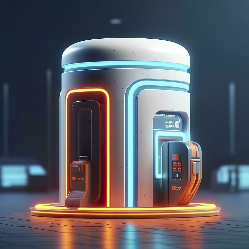 AI generated Futuristic Illustration of Cylindrical Car Battery, Electric Battery Station at a Gas Station. AI Generative photo