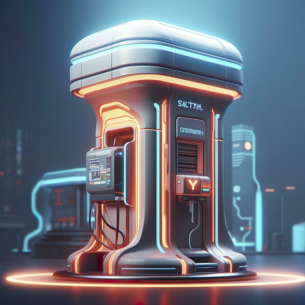 AI generated Futuristic Illustration of Cylindrical Car Battery, Electric Battery Station at a Gas Station. AI Generative photo