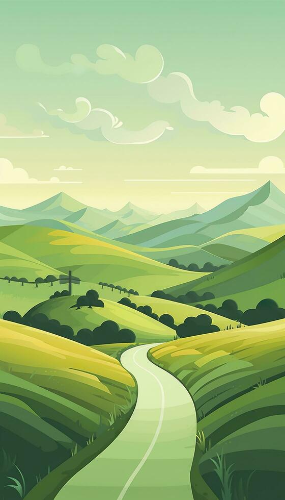 AI generated Green Rolling Hills in the Background, Paved Road in the Foreground. AI Generative photo