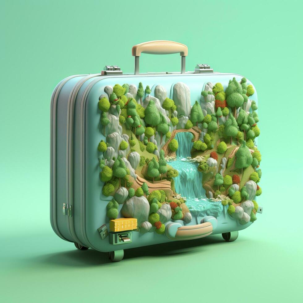 AI generated Surreal 3D Landscape Illustration of a Forest River with Luggage in Light Green and Light Blue. AI Generative photo