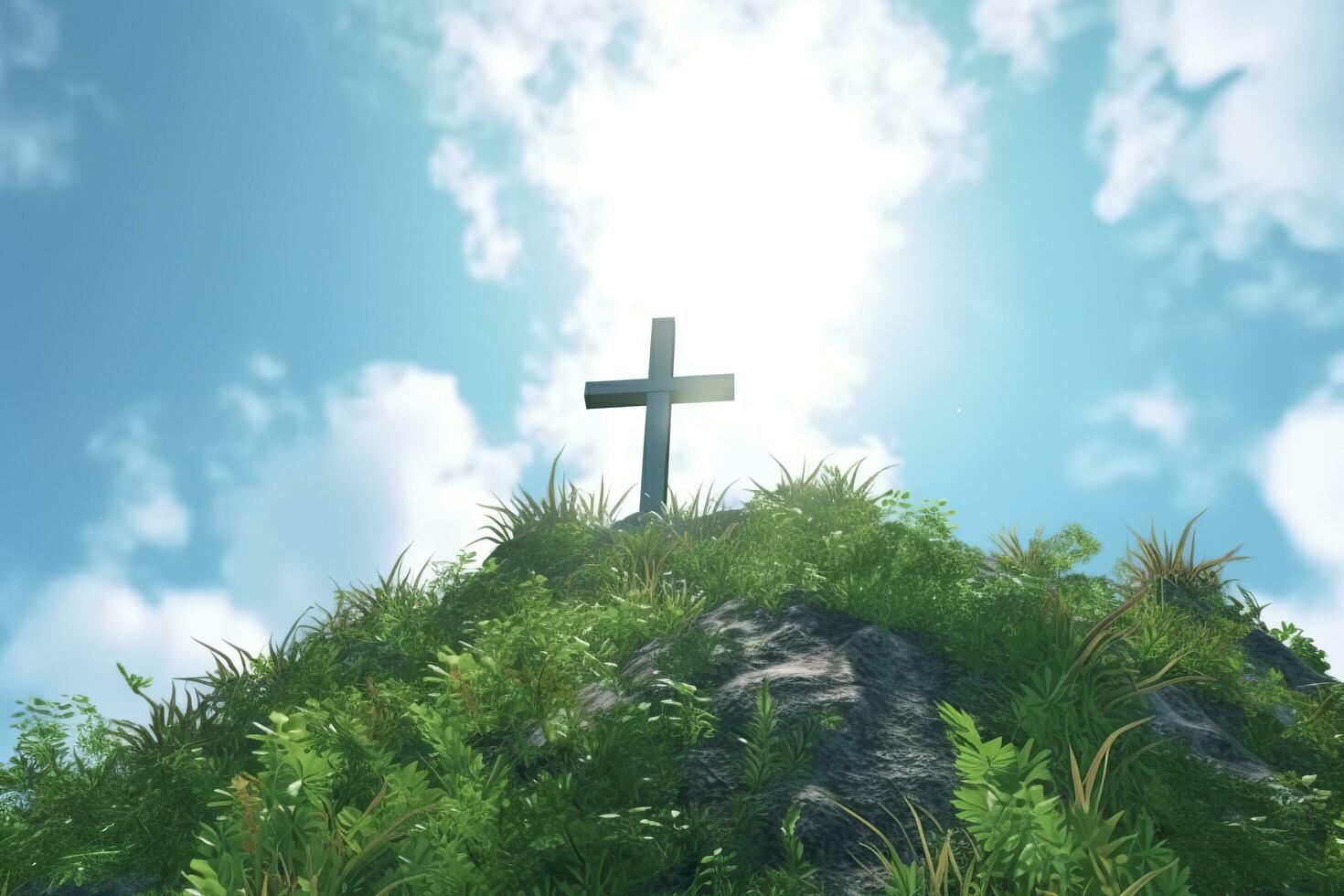 AI generated The cross of God with green Leaf, in the rays of the sun and blue sky. Cross on the hill with green trees and graeen natural view. Religious concept, AI Generative photo