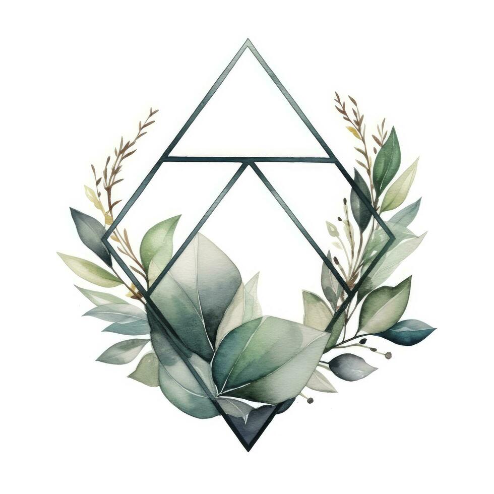 AI generated Watercolor geometry shape wreath with green leaf. AI Generated photo