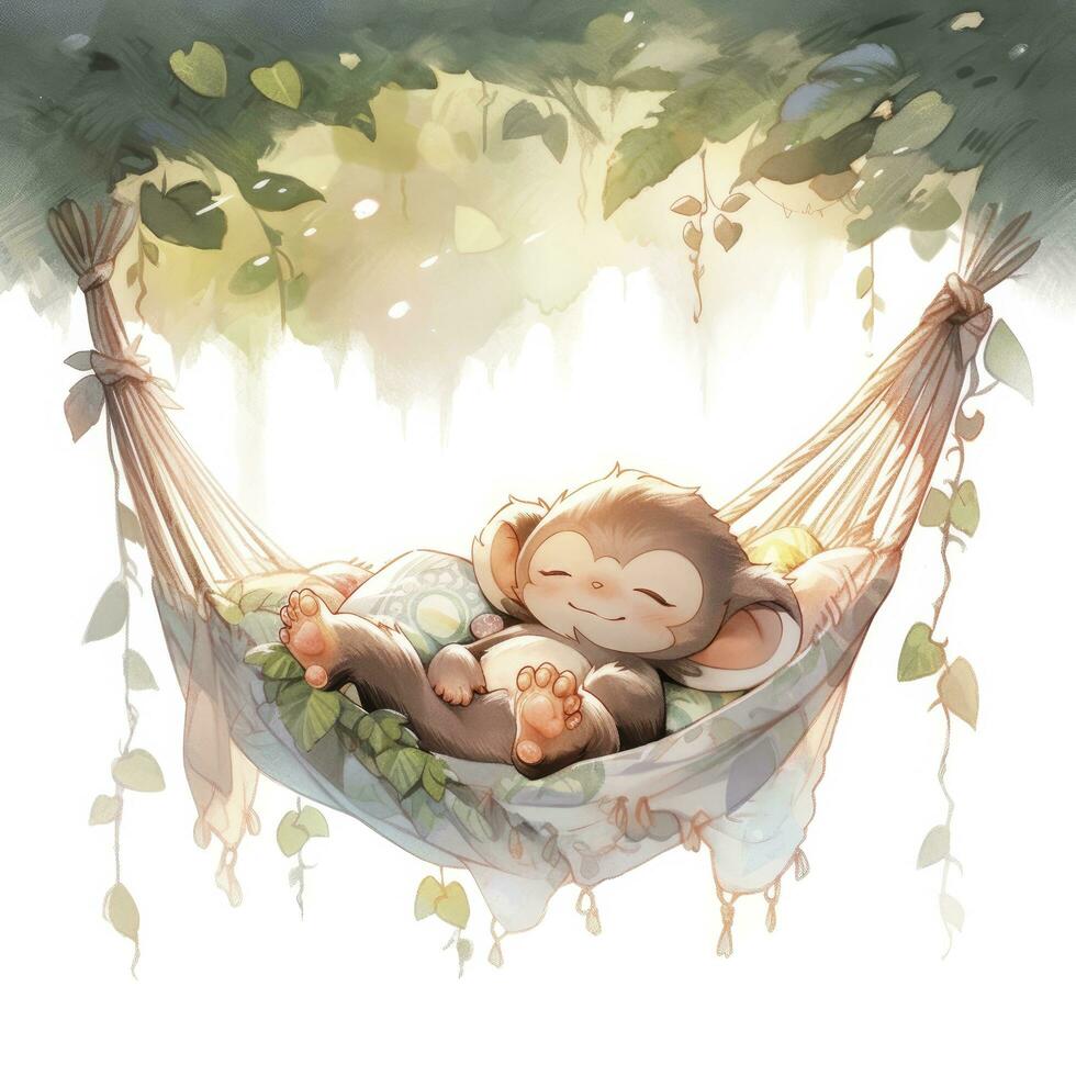 AI generated A sleepy baby monkey in a hammock. watercolor illustration. AI Generated photo