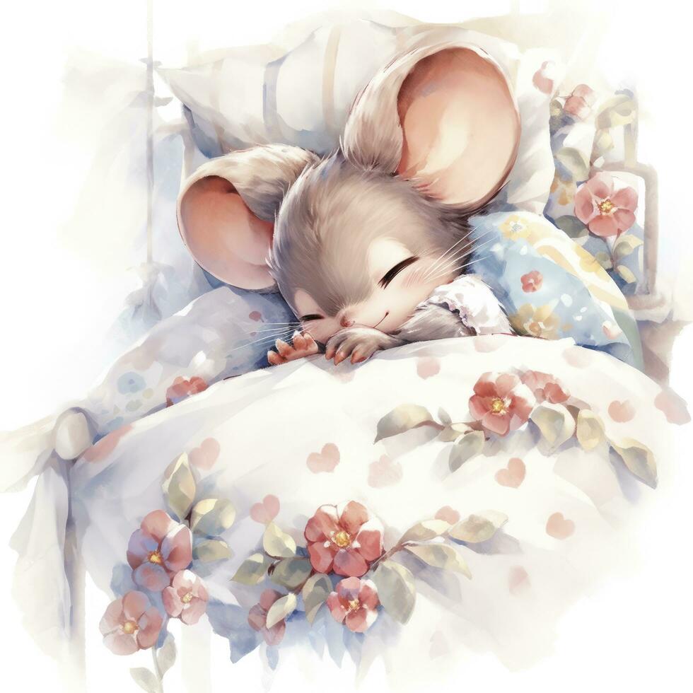 AI generated A sleepy baby mouse in a bedding, watercolor illustration.  AI Generated photo