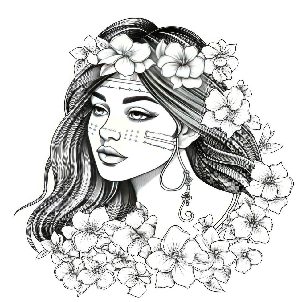 AI generated A girl on a coloring book page with Jasmine flowers. AI Generated photo