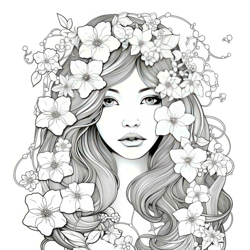 AI generated A girl on a coloring book page with Jasmine flowers. AI Generated photo