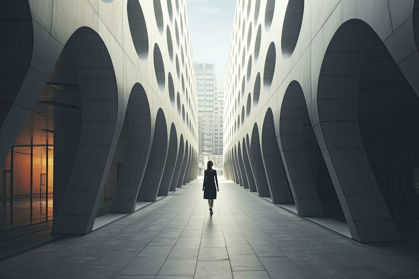 AI generated Woman walking in futuristic brutalist city street.  AI Generated. photo