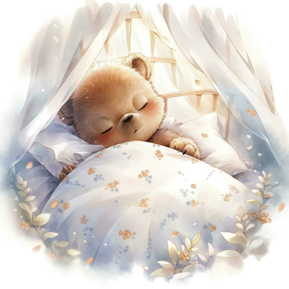 AI generated A sleepy baby bear in a bedding. watercolor illustration. AI Generated photo