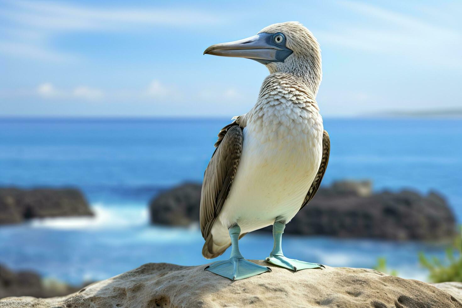 AI generated The rare blue-footed booby rests on the beach. AI Generated photo