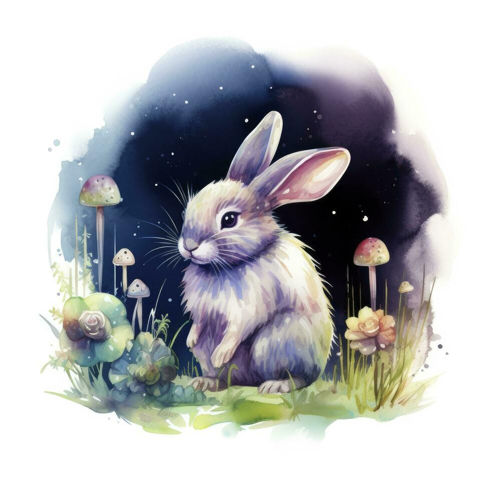 AI generated Watercolor Rabbit and Glowing Moon for T-shirt Design. AI Generated photo