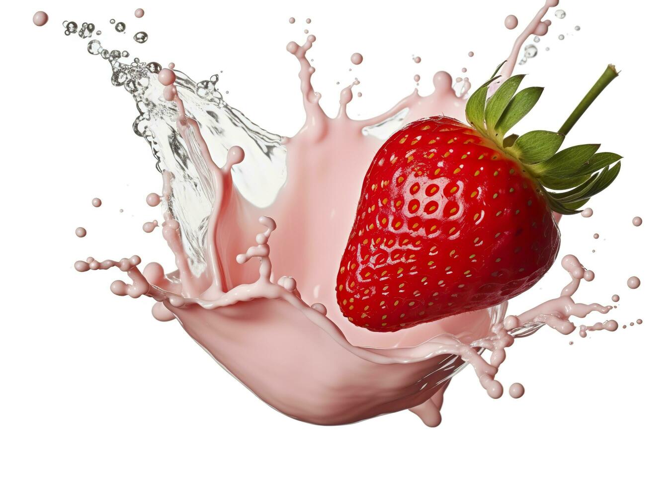 AI generated milk or yogurt splash with strawberries isolated on white background, 3d rendering. AI Generated photo