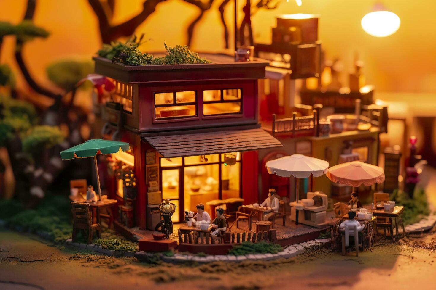 AI generated A charming and cozy coffee shop Set beside a busy highway with Warm and golden sunset light, and a Picturesque sunset view with vibrant colors. AI Generative photo