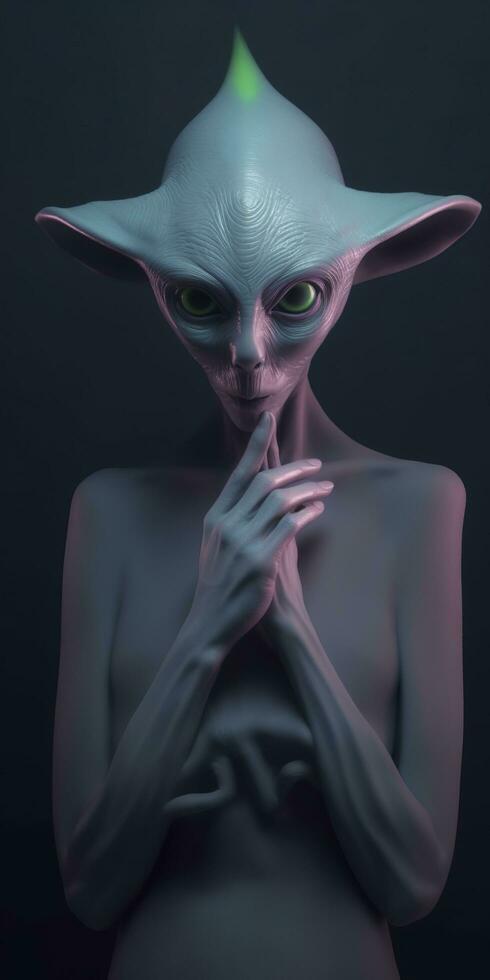 AI generated An extraordinary portrait of unknown adorable alien species over an alien finger, a style of high alien fashion. AI Generative photo