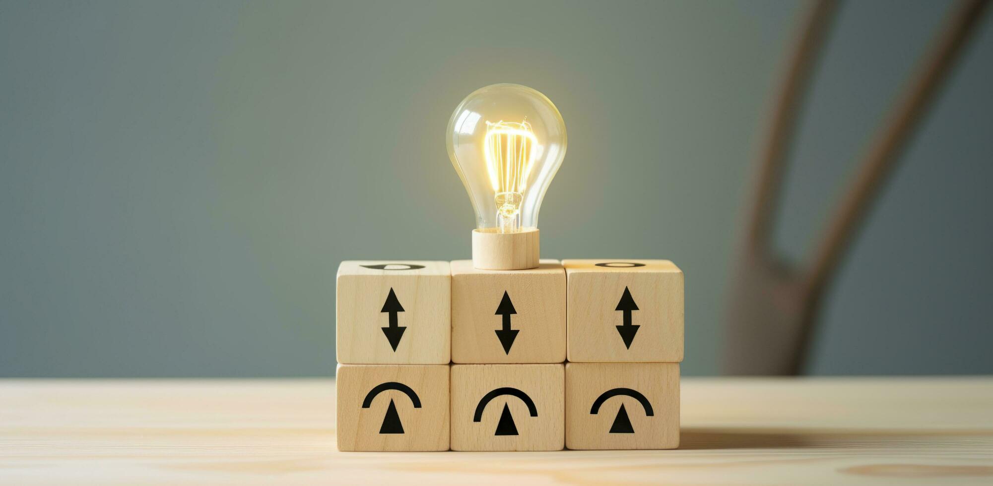 AI generated Creative idea, solution and innovation concept. Idea generation for business development. Wooden cube blocks with light bulb and cycle icons on clean background and copy space. photo