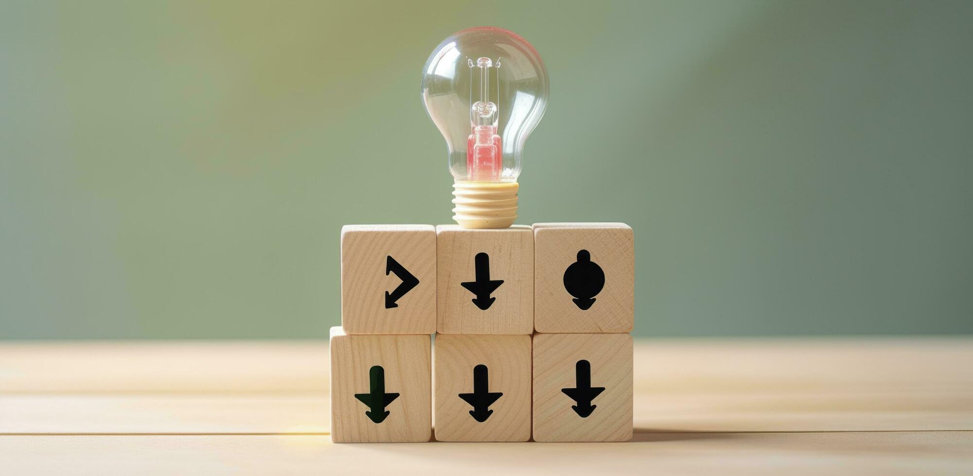 AI generated Creative idea, solution and innovation concept. Idea generation for business development. Wooden cube blocks with light bulb and cycle icons on clean background and copy space. photo