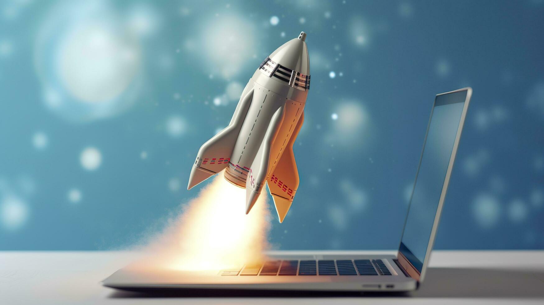 AI generated A small rocket takes off from a Laptop with vibrant color combinations in light sky blue and light gray colors for a website, business, and financial success concepts.  AI Generative photo