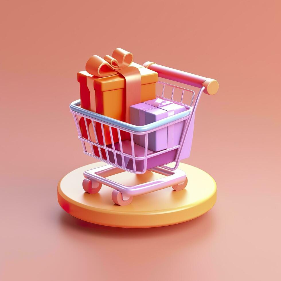 AI generated Light Orange and Pink Shopping Cart with Gift Box Icon. AI Generative photo