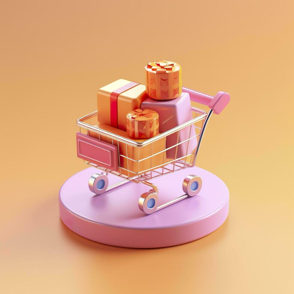 AI generated Light Orange and Pink Shopping Cart with Gift Box Icon. AI Generative photo