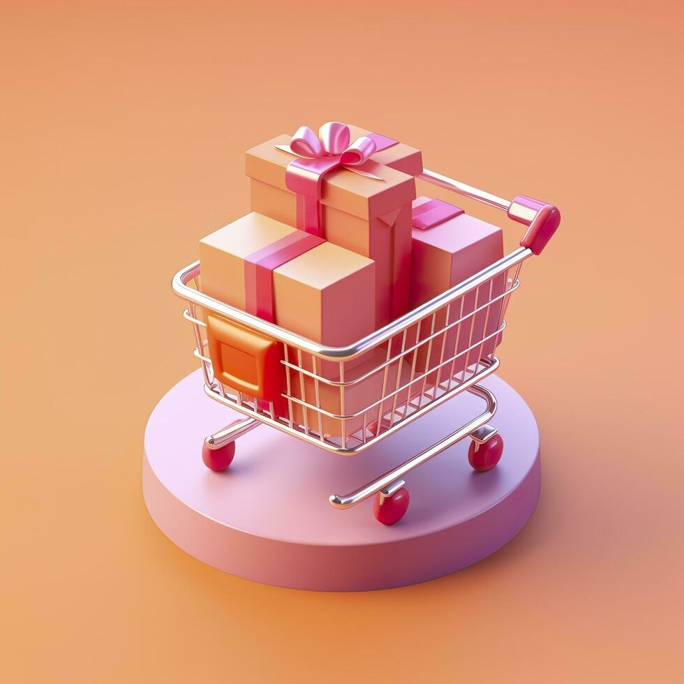 AI generated Light Orange and Pink Shopping Cart with Gift Box Icon. AI Generative photo