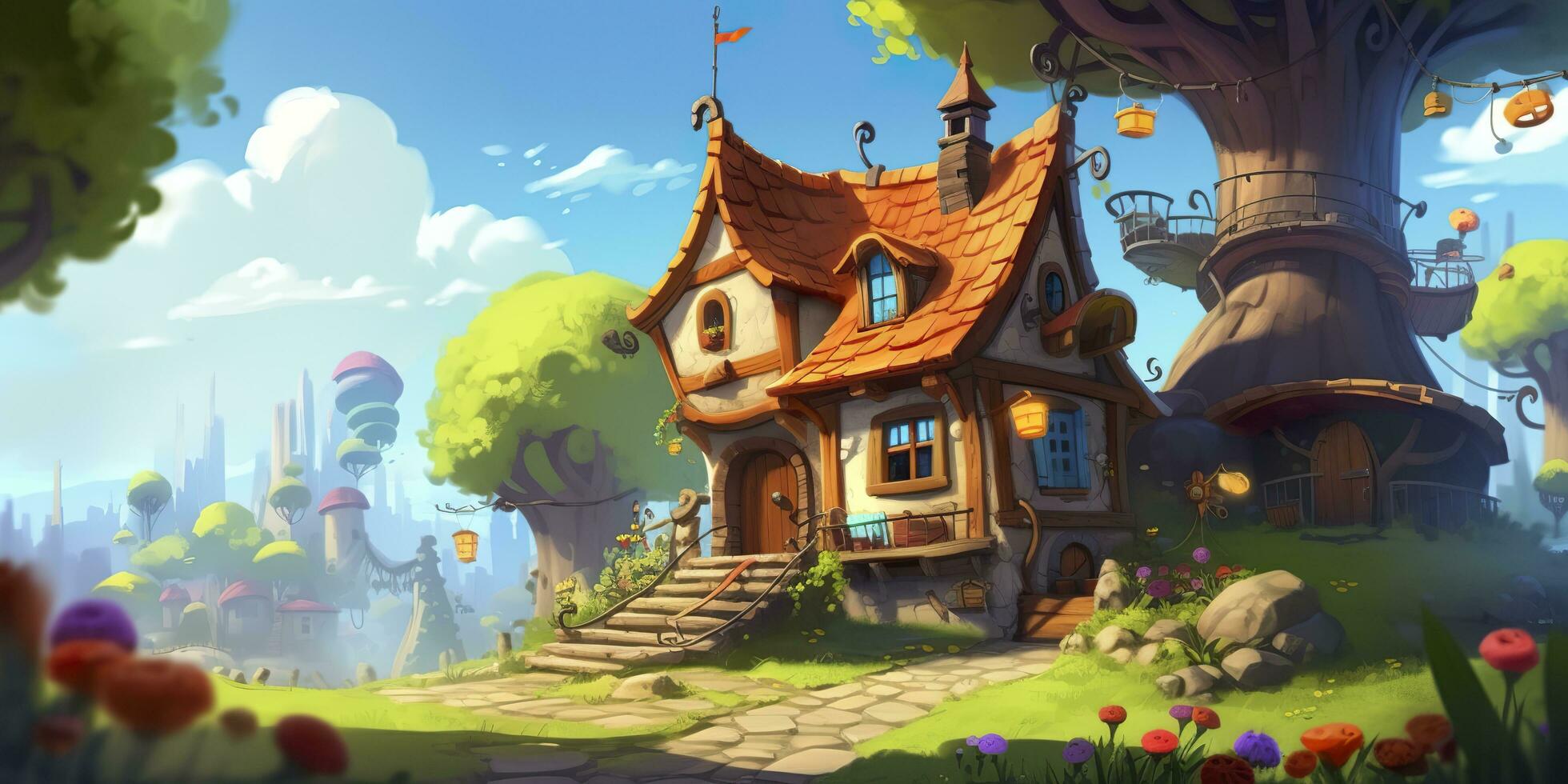 AI generated Cute Cartoon Fantasy Home on a Sunny Day. AI Generative photo