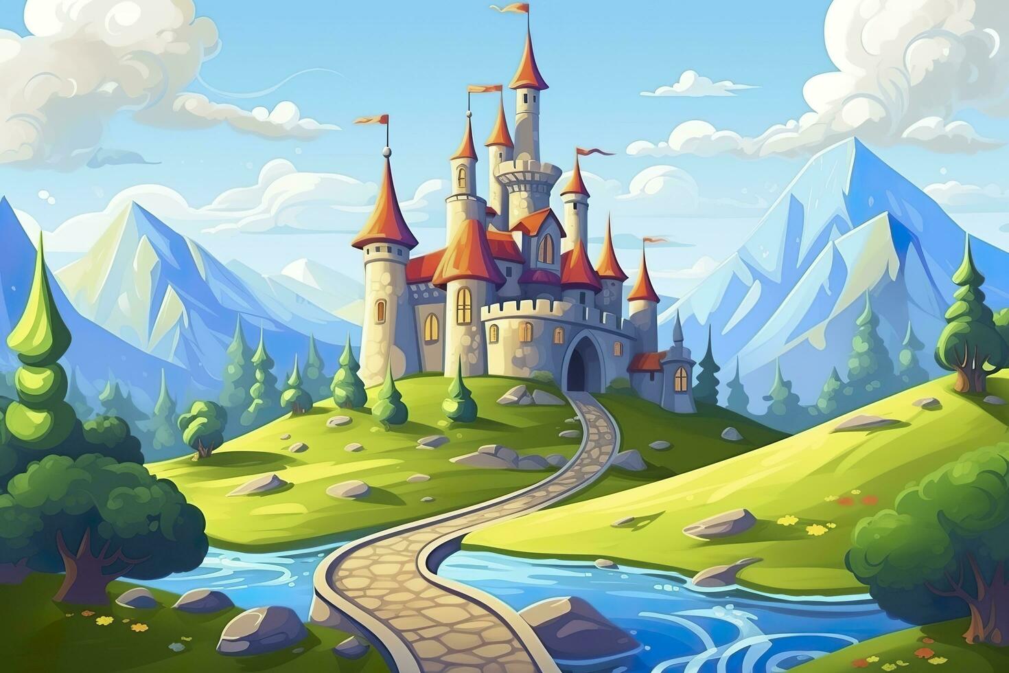 AI generated A World of Imagination. A 3D Landscape with Blue Sky, White Clouds, Green Grass, Mountains, a River, and a Large Castle. AI Generative photo