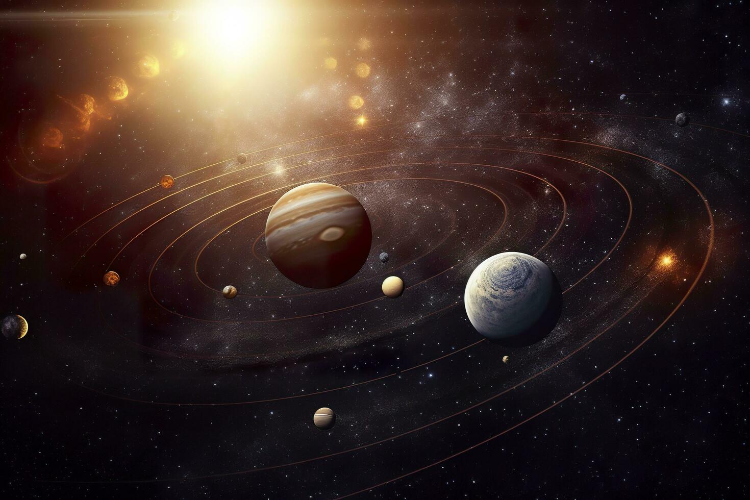 AI generated Our 3d Solar system with planets in orbits path. AI Generative photo