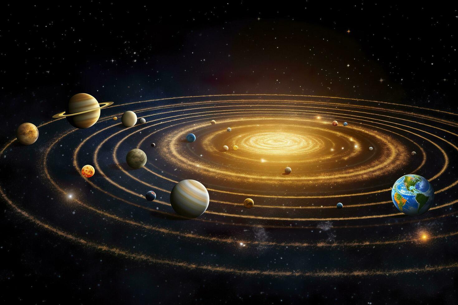 AI generated Our 3d Solar system with planets in orbits path. AI Generative photo