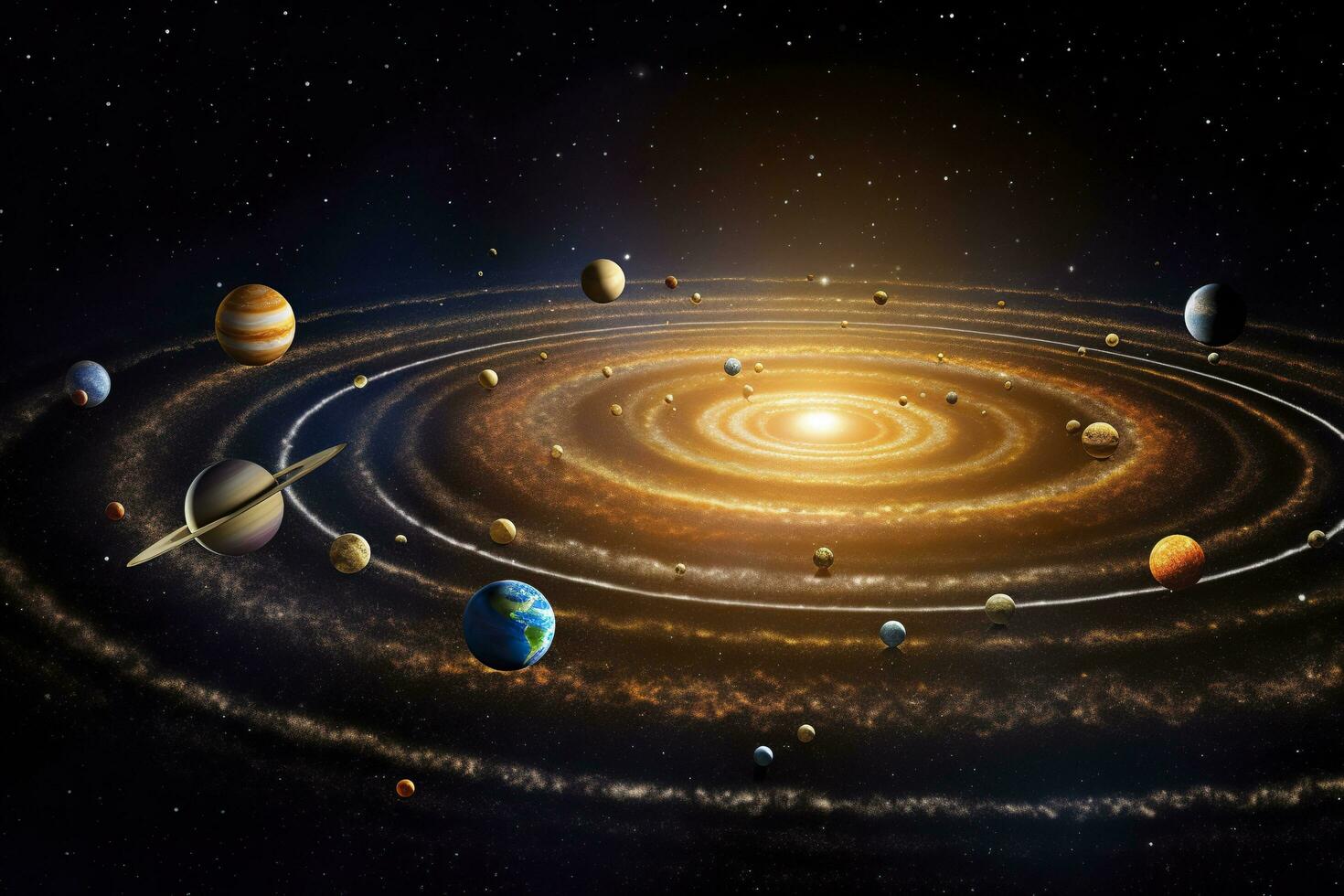 AI generated Our 3d Solar system with planets in orbits path. AI Generative photo