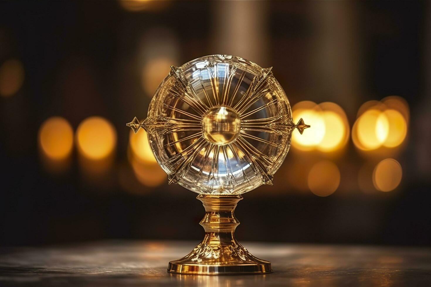 AI generated The golden monstrance with a little transparent crystal center, consecrated host. church defocused background. AI Generative photo