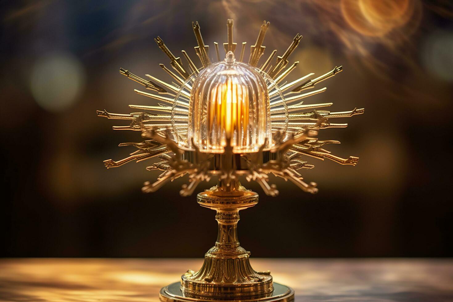 AI generated The golden monstrance with a little transparent crystal center, consecrated host. church defocused background. AI Generative photo