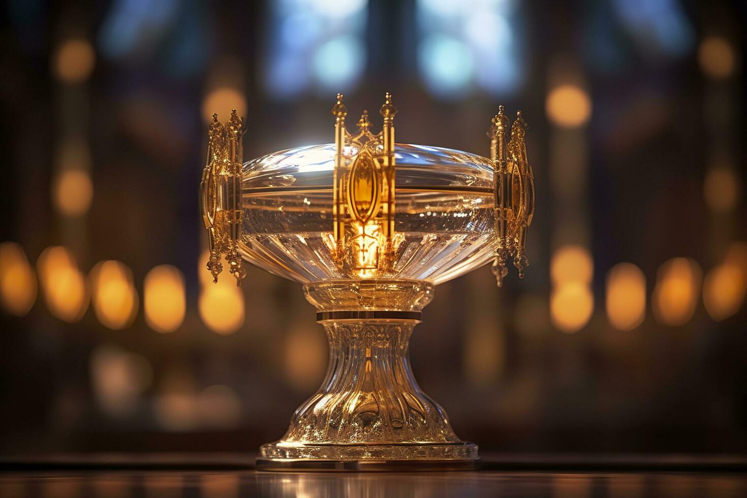 ai generado el dorado custodia con un pequeño transparente cristal centro, consagrado anfitrión. Iglesia desenfocado antecedentes. ai generativo foto