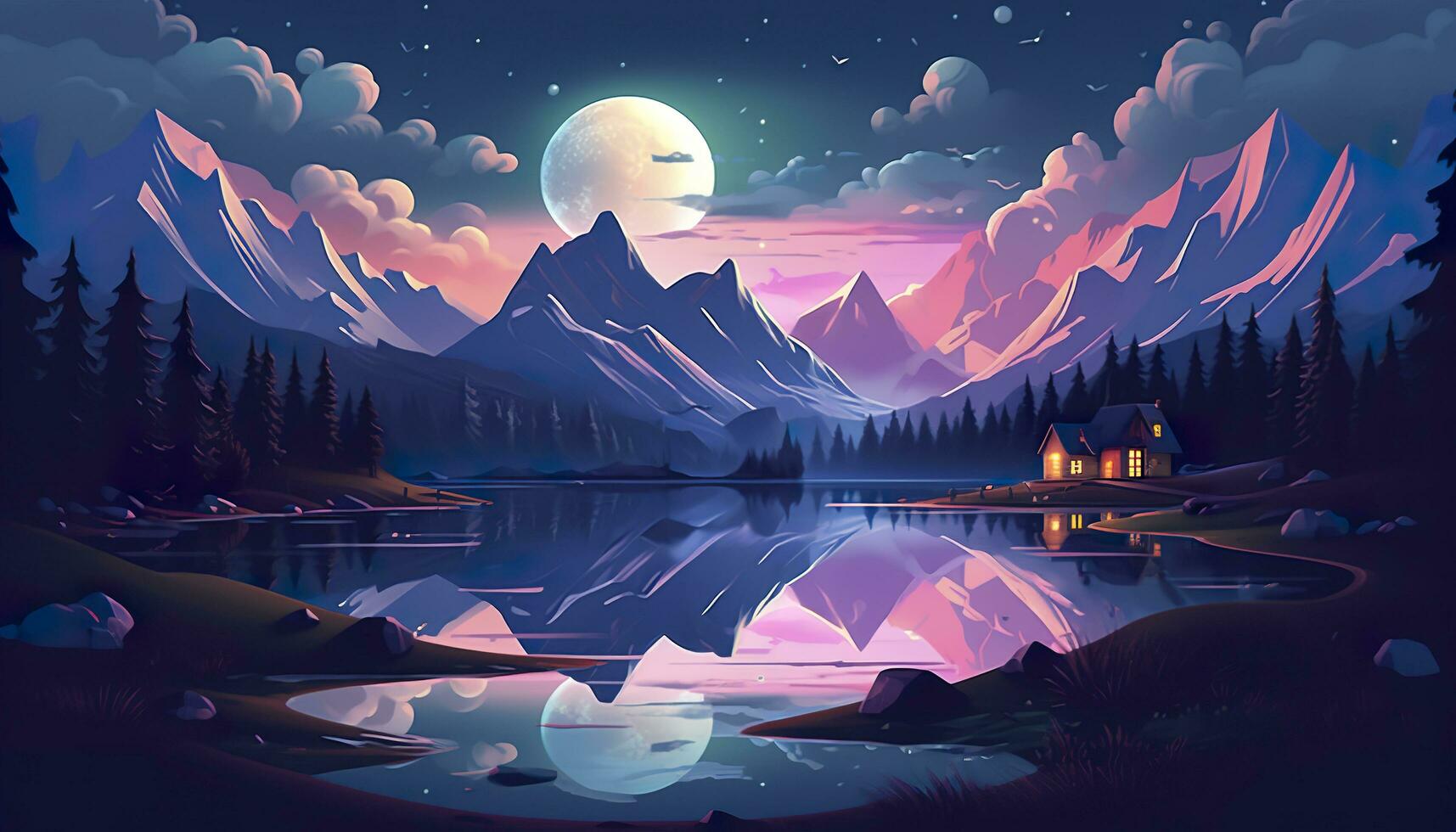 AI generated Moonlight mountain scene, house beside a lake. AI Generative photo