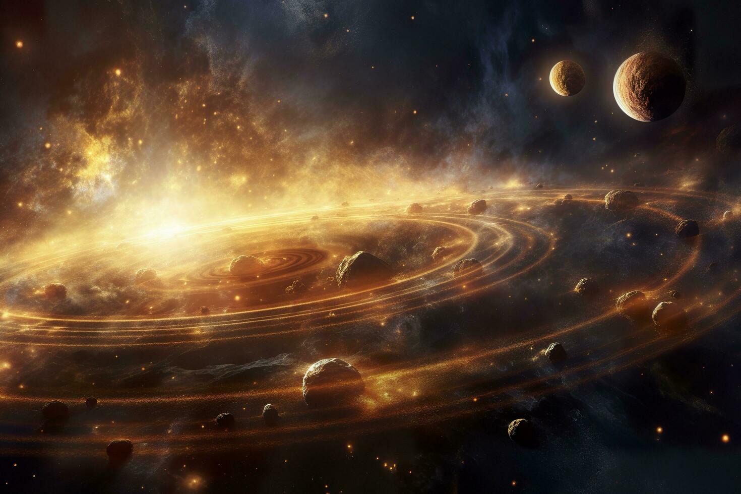 AI generated Our 3d Solar system with planets in orbits path. AI Generative photo