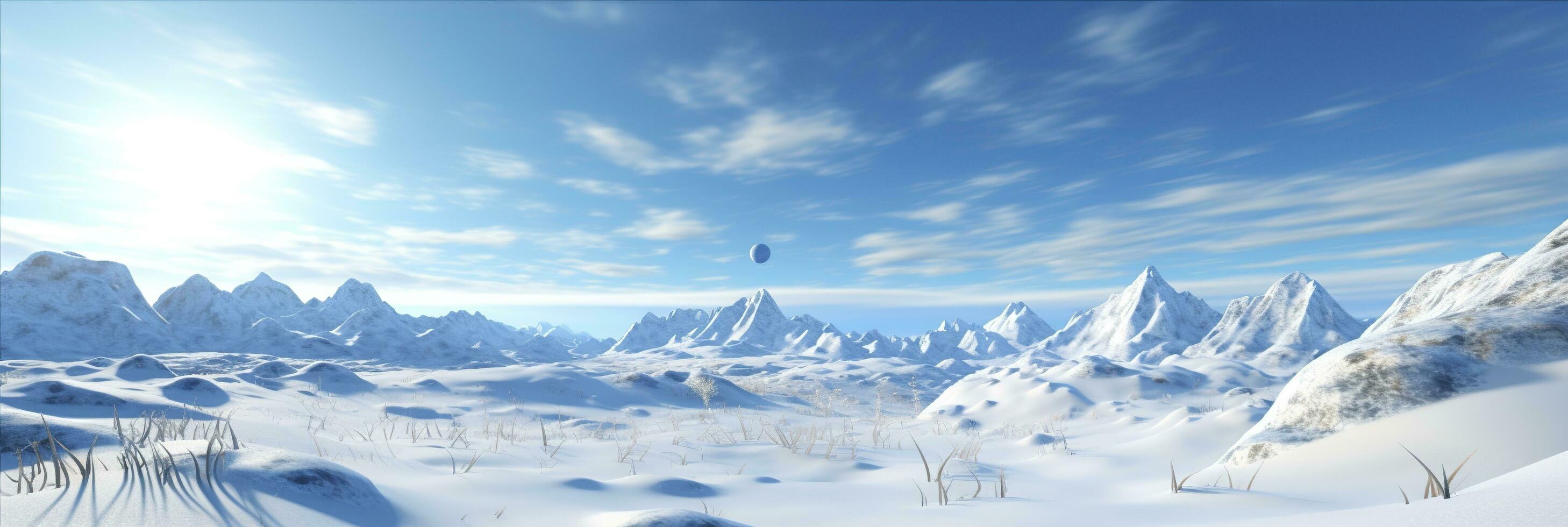 AI generated vast desolated snow land, big mountains in the background, snowfall with light blue sky and light blue colors, peaceful atmosphere,  AI Generative photo