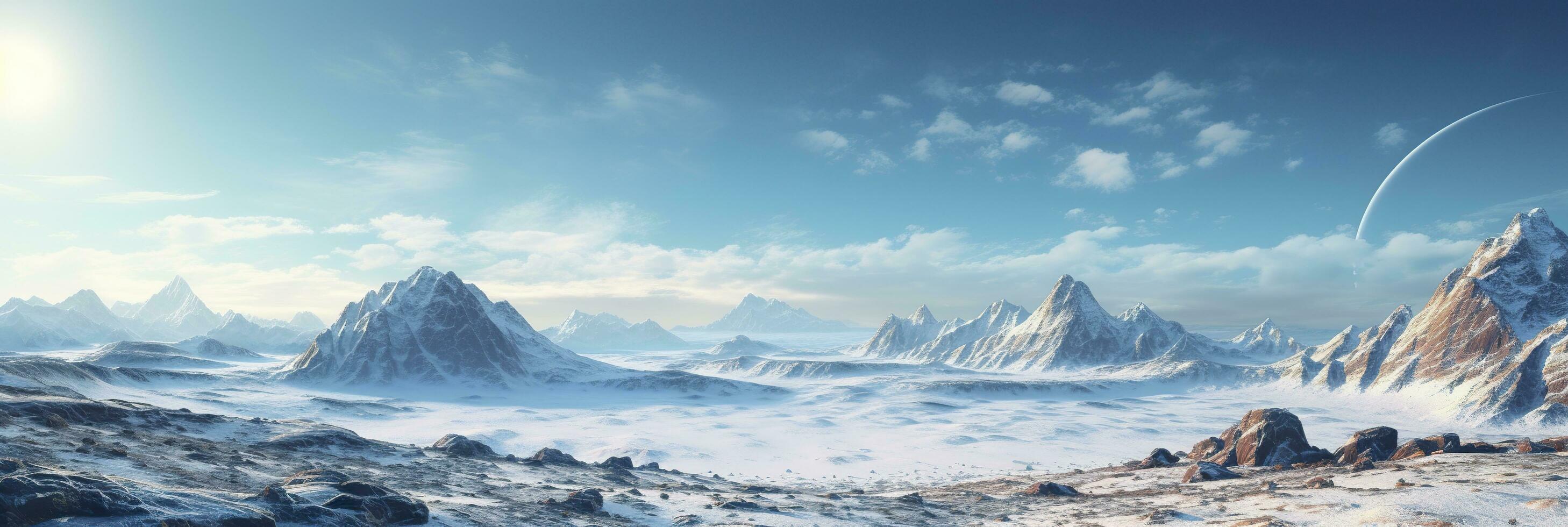 AI generated vast desolated snow land, big mountains in the background, snowfall with light blue sky and light blue colors, peaceful atmosphere,  AI Generative photo