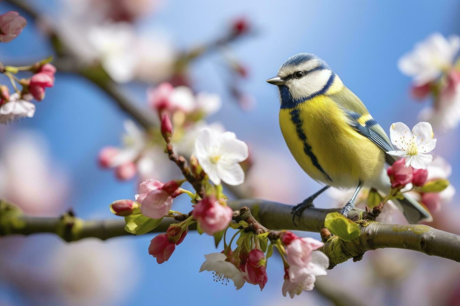 AI generated A Bluetit bird resting on the branch. Eurasian blue tit photo