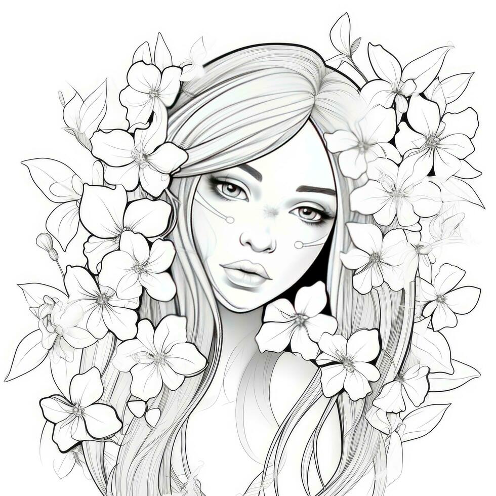 AI generated A girl on a coloring book page with Jasmine flowers. AI Generated photo