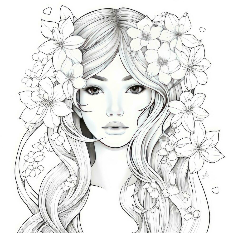 AI generated A girl on a coloring book page with Jasmine flowers. AI Generated photo