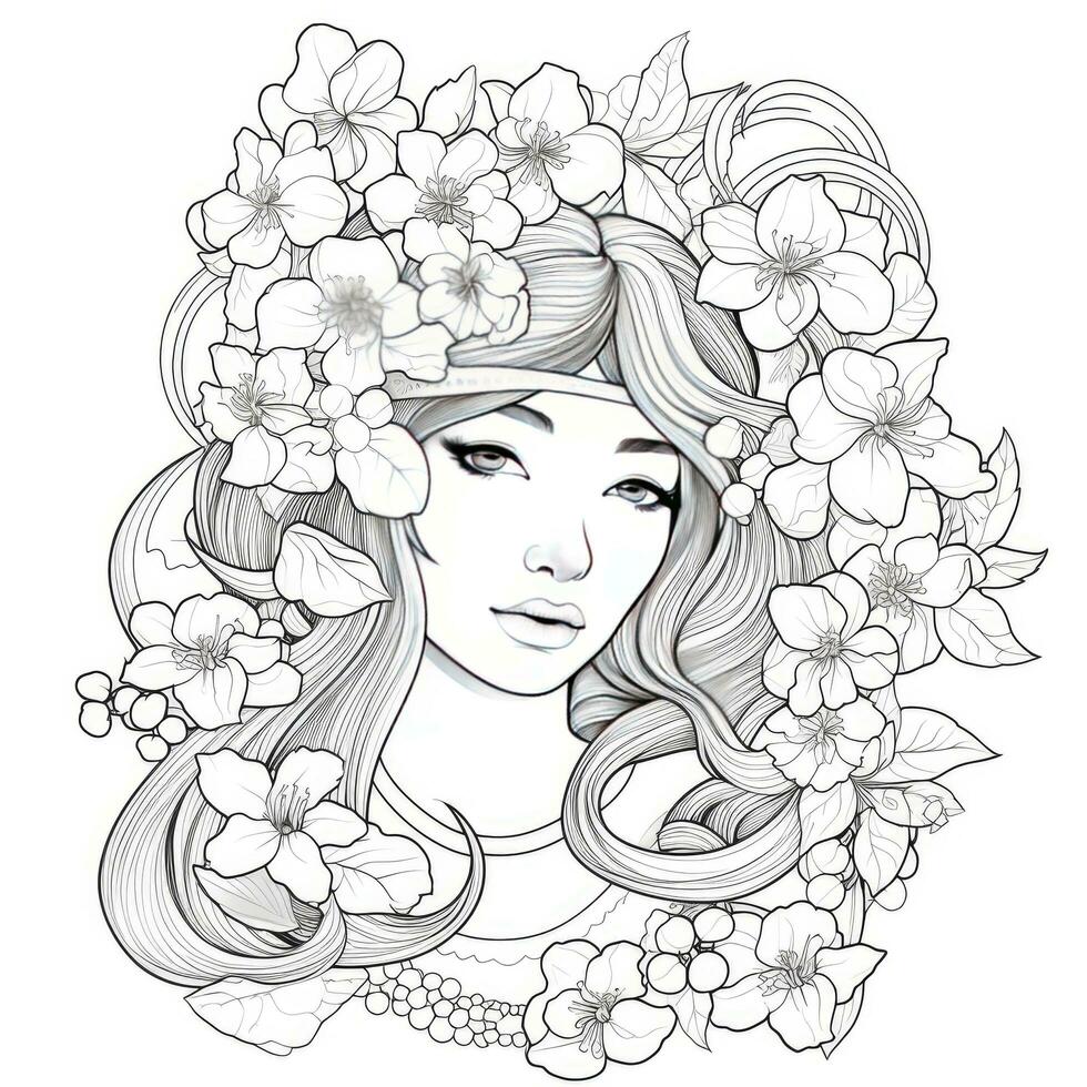 AI generated A girl on a coloring book page with Jasmine flowers. AI Generated photo