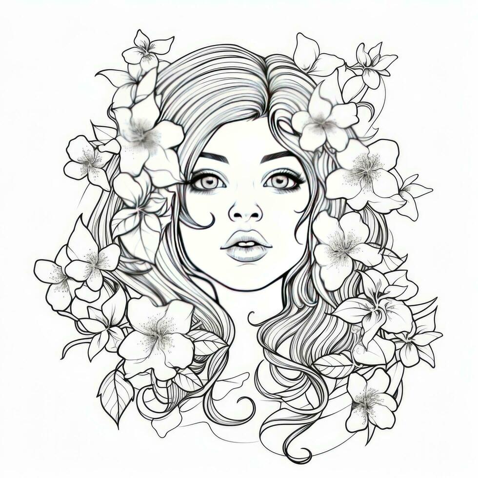 AI generated A girl on a coloring book page with Jasmine flowers. AI Generated photo