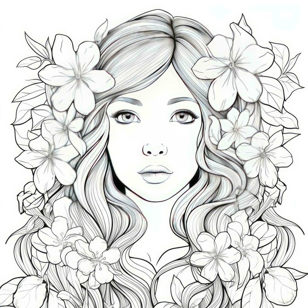 AI generated A girl on a coloring book page with Jasmine flowers. AI Generated photo