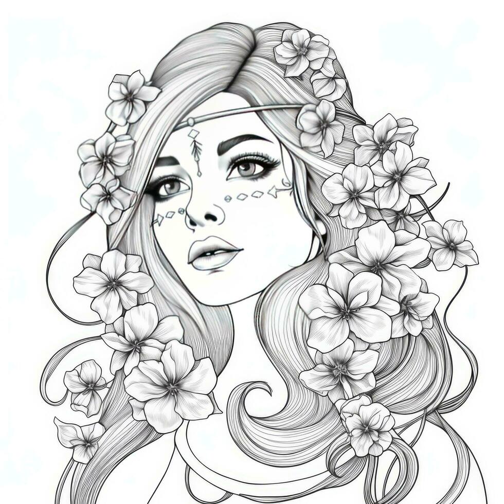 AI generated A girl on a coloring book page with Jasmine flowers. AI Generated photo