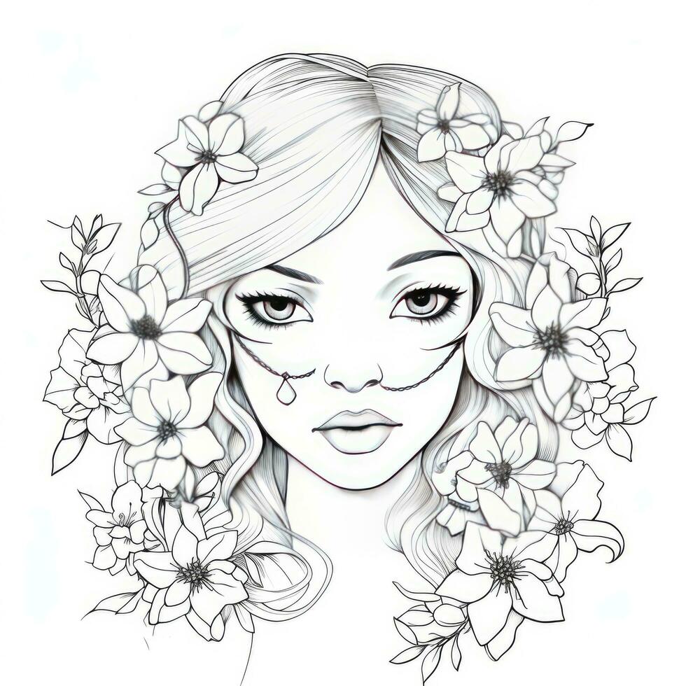 AI generated A girl on a coloring book page with Jasmine flowers. AI Generated photo