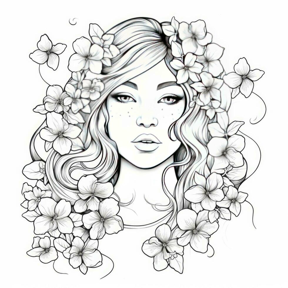 AI generated A girl on a coloring book page with Jasmine flowers. AI Generated photo