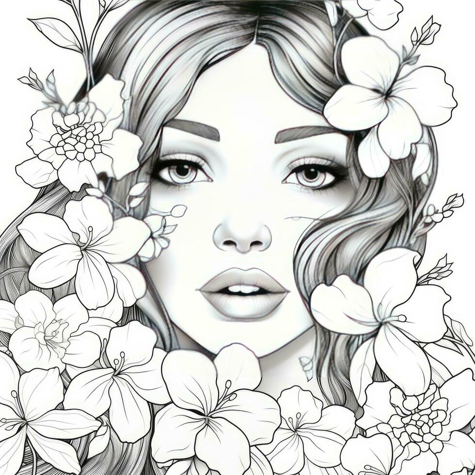 AI generated A girl on a coloring book page with Jasmine flowers. AI Generated photo