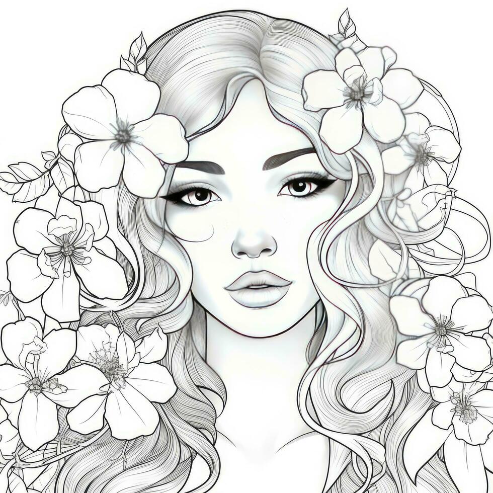 AI generated A girl on a coloring book page with Jasmine flowers. AI Generated photo